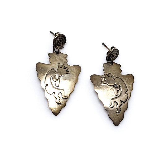 Vintage Sterling Kokopelli Earrings - 1980s Silver Native American Earrings - Arrow Head Southwestern Dangle Earrings - Boho Pierced Earring