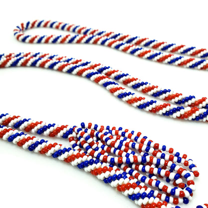 Vintage 1920s Art Deco Red, White, and Blue Patriotic Seed Bead Flapper Rope 58.5" Necklace