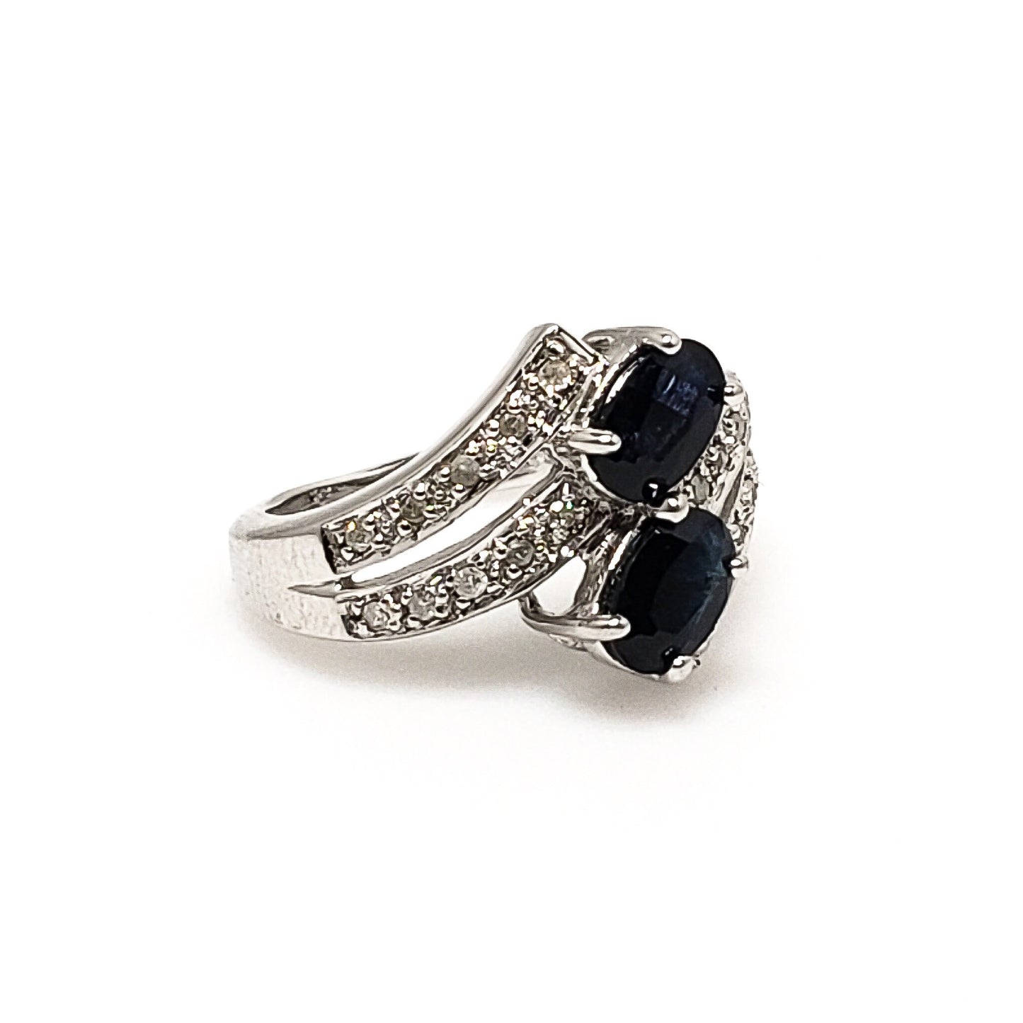 Vintage 1990s Blue Sapphire, Diamond, 10K Ring - Natural Sapphire, Diamond White Gold Bypass Ring Size 4.75 - Modern Sapphire Diamond Ring