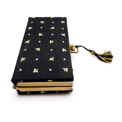 Vintage Mid Century Black Clutch Purse - 1950s Fabric and Cloth Tassel Evening Mirror Handbag - Vintage Box Purse