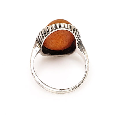 Antique 1920s Art Deco Orange Cabochon and Marcasite Halo 835 Silver Ring Size 5.75