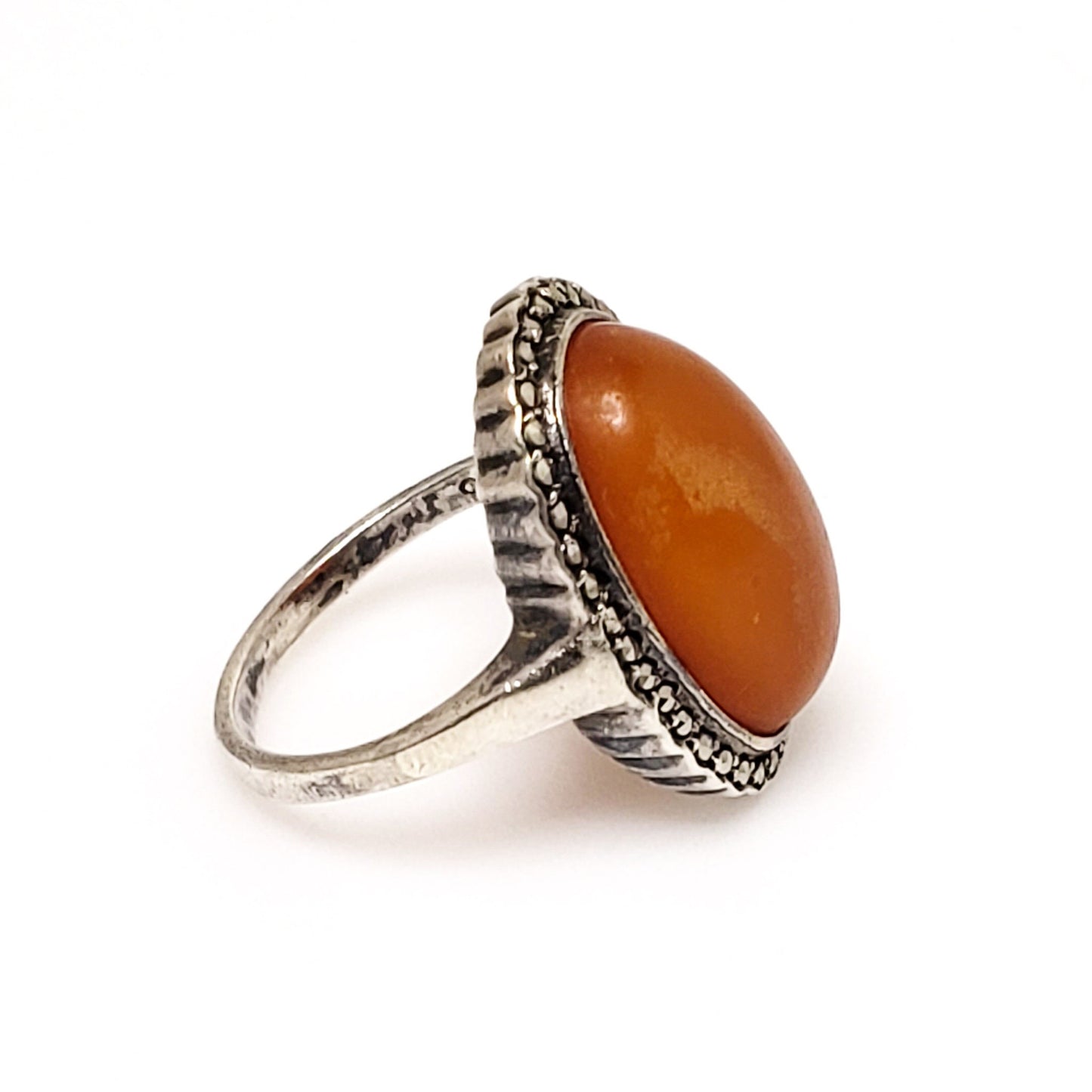 Antique Orange Art Deco Marcasite Ring -  1920s Deco Orange Cabochon and Marcasite Halo 835 Silver Ring Size 5.75 - Halo Silver Deco Ring