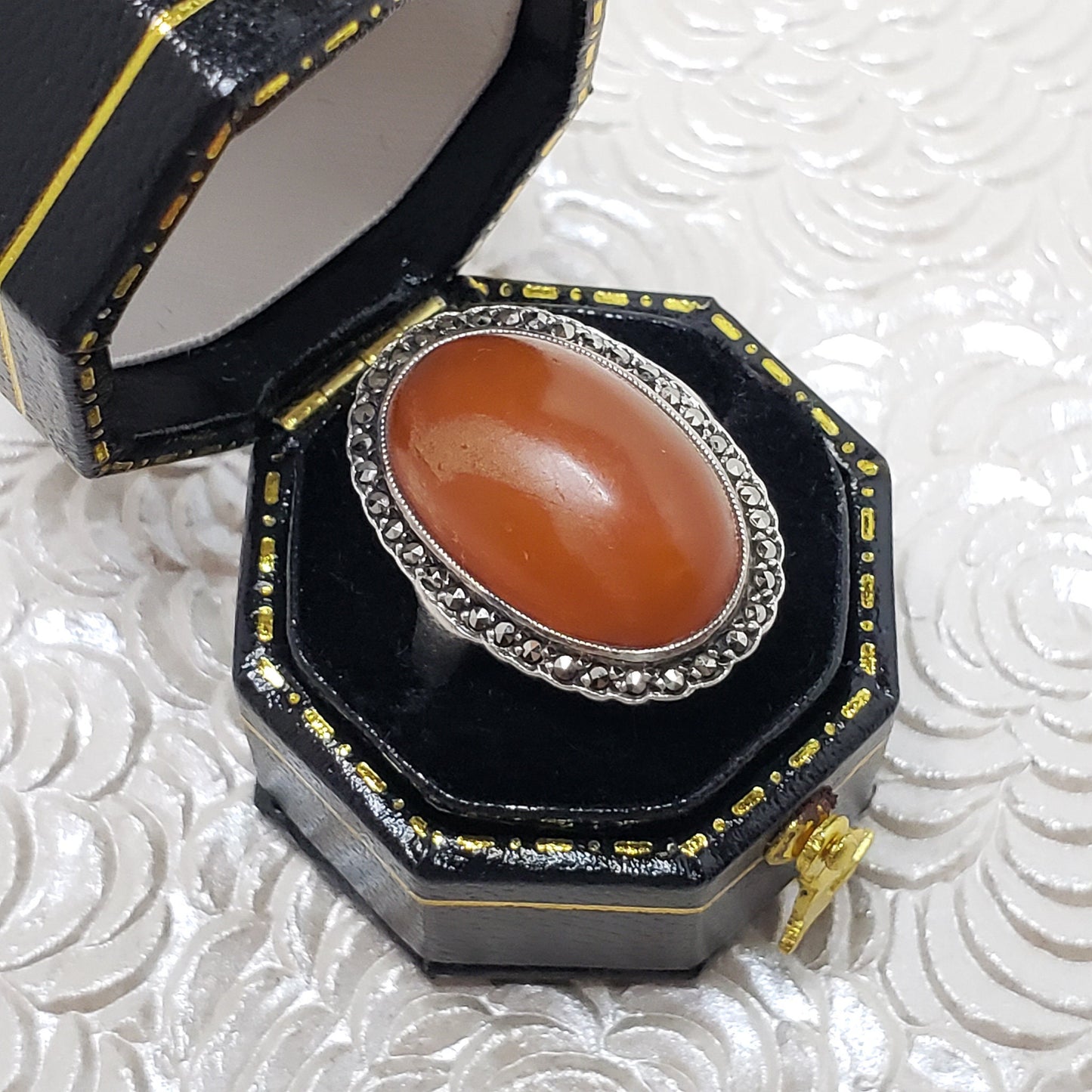 Antique Orange Art Deco Marcasite Ring -  1920s Deco Orange Cabochon and Marcasite Halo 835 Silver Ring Size 5.75 - Halo Silver Deco Ring