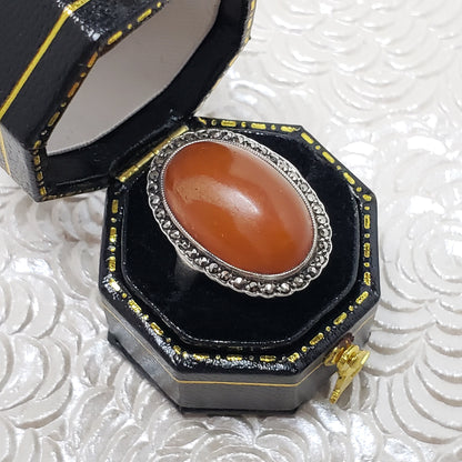 Antique 1920s Art Deco Orange Cabochon and Marcasite Halo 835 Silver Ring Size 5.75