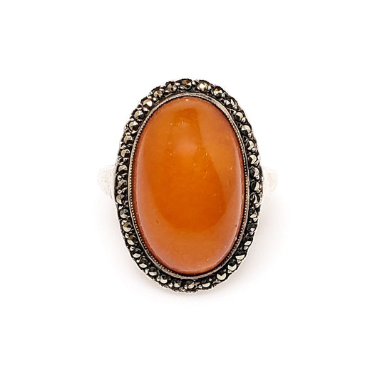 Antique Orange Art Deco Marcasite Ring -  1920s Deco Orange Cabochon and Marcasite Halo 835 Silver Ring Size 5.75 - Halo Silver Deco Ring