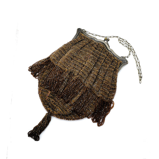 Antique 1910s Edwardian Brown Seed Bead Purse - Antique Brown Tassel Evening Bag Purse - Formal Beaded Purse