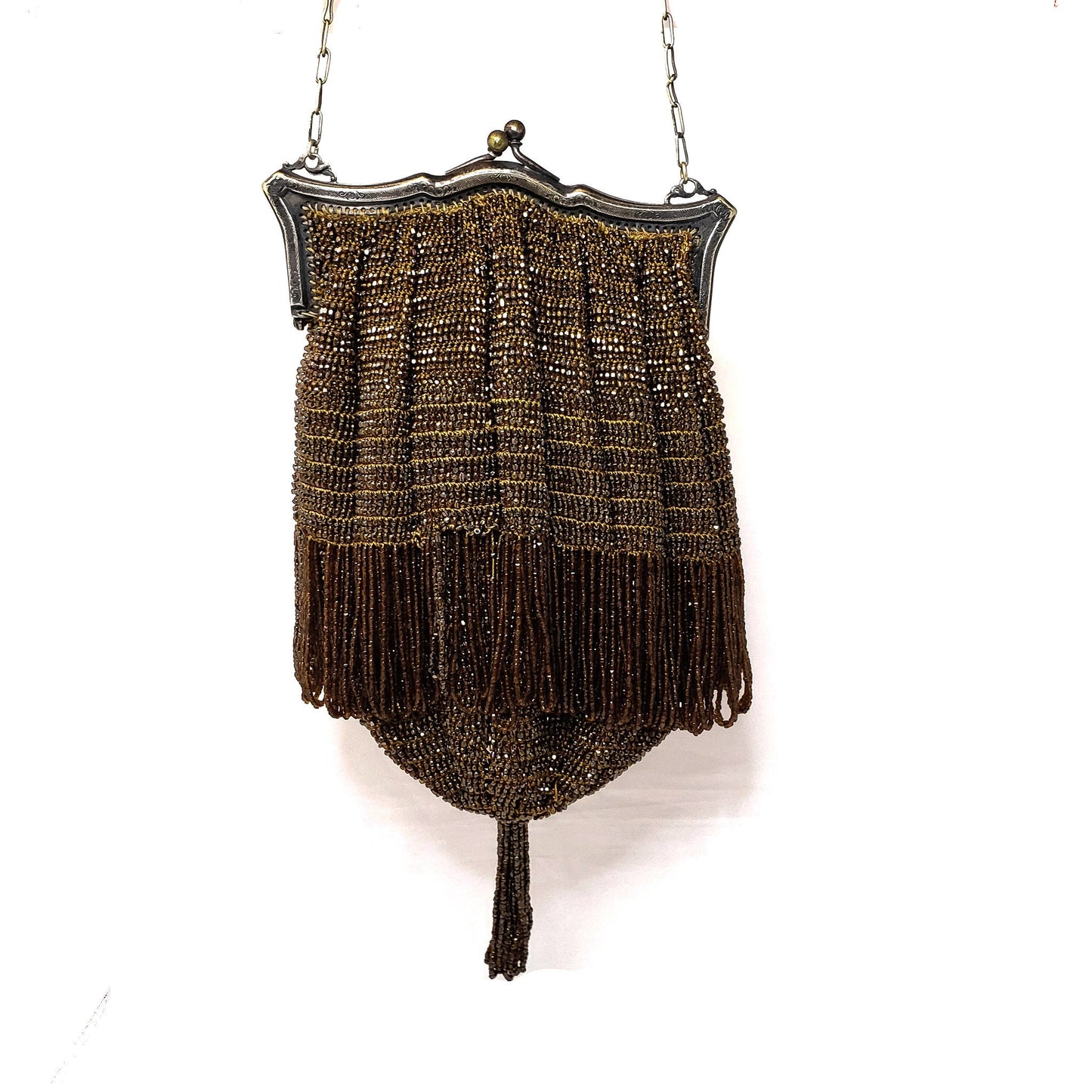 Antique 1910s Edwardian Brown Seed Bead Purse - Antique Brown Tassel Evening Bag Purse - Formal Beaded Purse