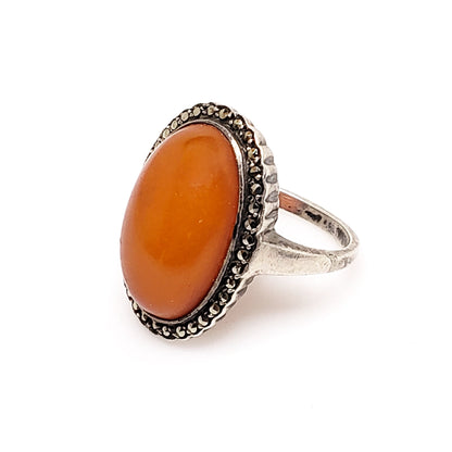 Antique 1920s Art Deco Orange Cabochon and Marcasite Halo 835 Silver Ring Size 5.75
