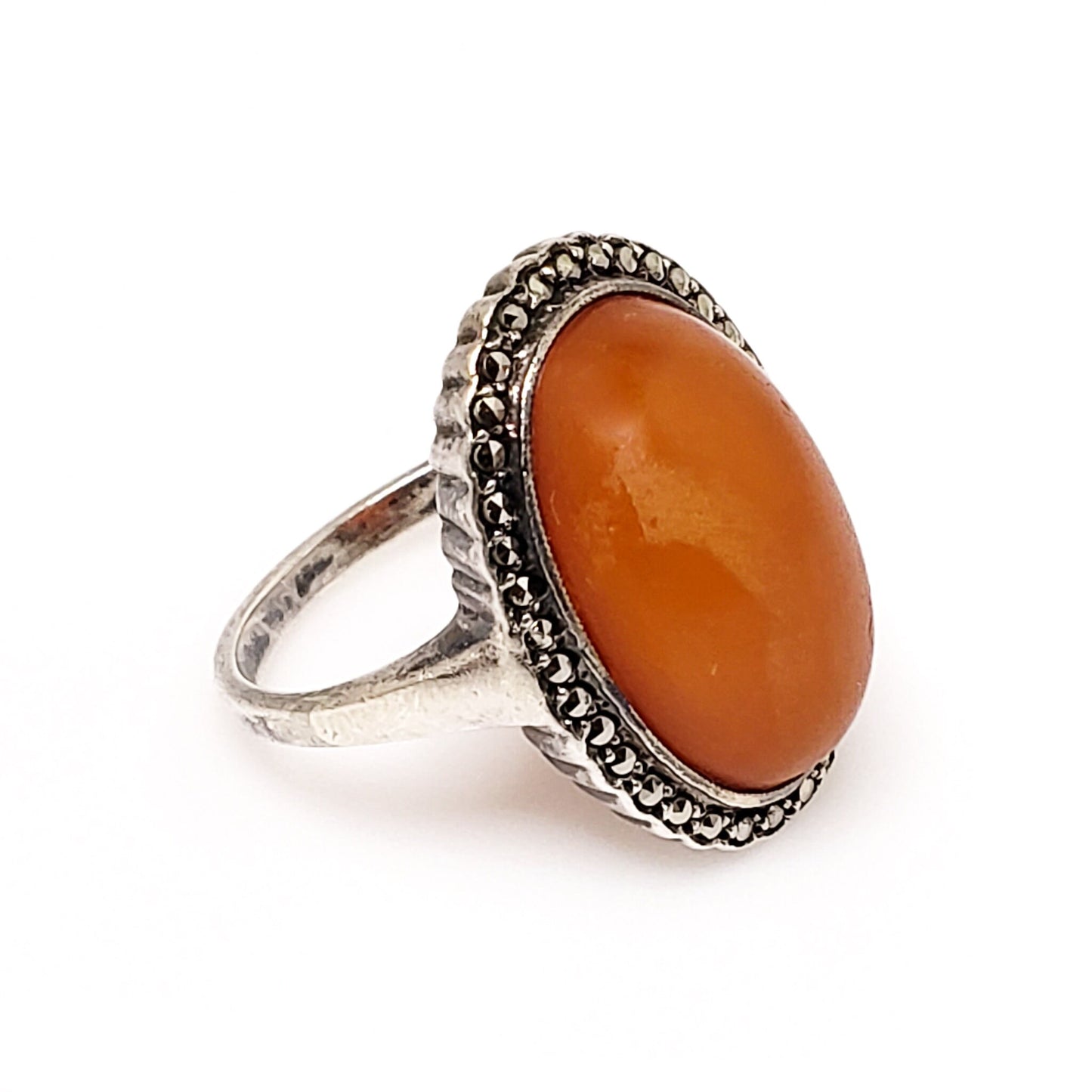 Antique Orange Art Deco Marcasite Ring -  1920s Deco Orange Cabochon and Marcasite Halo 835 Silver Ring Size 5.75 - Halo Silver Deco Ring