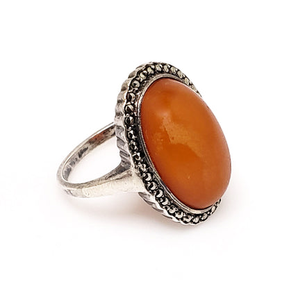 Antique 1920s Art Deco Orange Cabochon and Marcasite Halo 835 Silver Ring Size 5.75