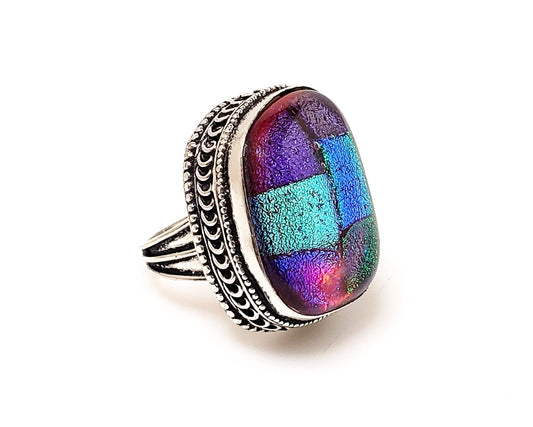 Vintage 1990s Glitter Art Glass and Sterling Silver Statement Ring Size 7.75 - 90s Large Chunky Colorful Glass Ring - Vintage 90s Ring