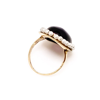 Vintage 1930s Victorian Revival Amethyst Cabochon, Imitation Pearl and 10K Gold Cocktail Ring Size 5.5