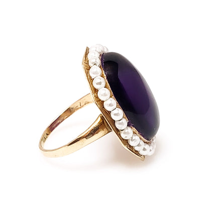 Vintage 1930s Victorian Revival Amethyst Cabochon, Imitation Pearl and 10K Gold Cocktail Ring Size 5.5