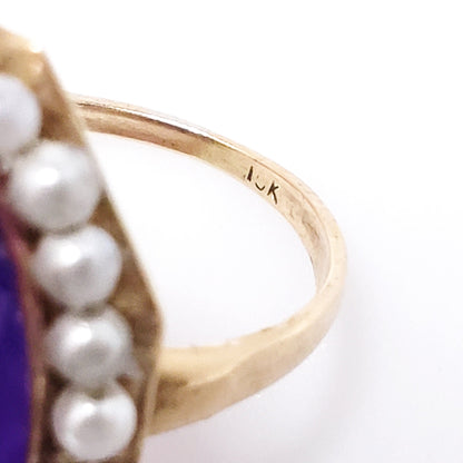 Vintage 1930s Victorian Revival Amethyst Cabochon, Imitation Pearl and 10K Gold Cocktail Ring Size 5.5
