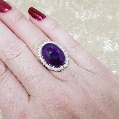 Vintage 1930s Victorian Revival Amethyst Cabochon, Imitation Pearl and 10K Gold Cocktail Ring Size 5.5
