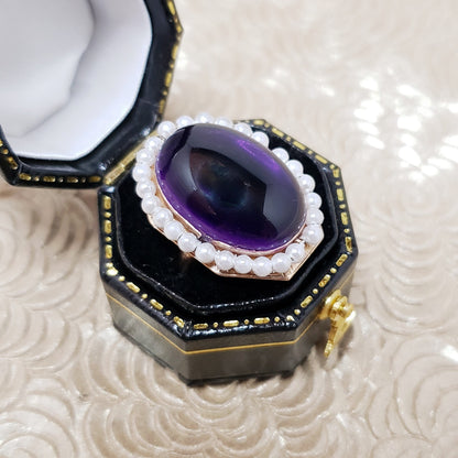 Vintage 1930s Victorian Revival Amethyst Cabochon, Imitation Pearl and 10K Gold Cocktail Ring Size 5.5
