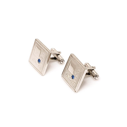 Vintage 1960s Blue Rhinestone and Silver Tone Flower Square Cufflinks