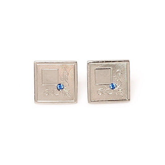 Vintage 1960s Blue Rhinestone and Silver Tone Flower Square Cuff Links - 60s Blue and Silver Cufflinks - Fathers Day