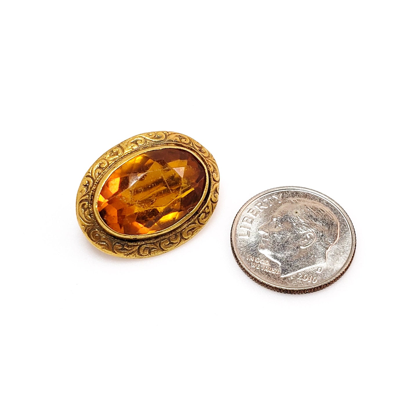 Antique 1900s Victorian Oval Orange Gold Filled Brooch - Late Victorian Glass and Yellow Gold Filled Metal Small Brooch - Small Unisex Pin