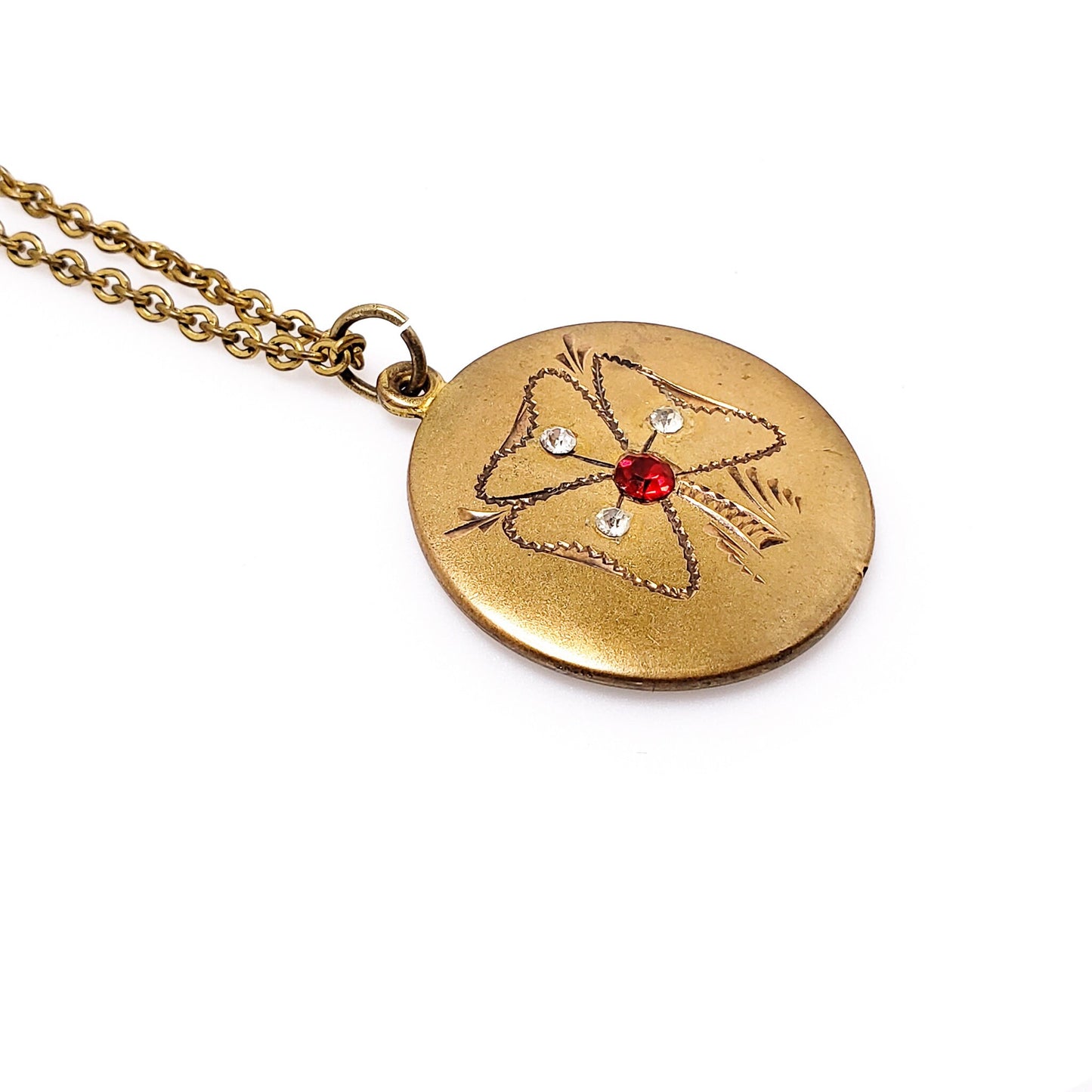 Antique 1900s Edwardian Three Leaf Clover Paste Yellow Gold Filled Necklace - Antique Red Clover Gold Fill Choker 16" Necklace