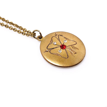 Antique 1900s Edwardian Three Leaf Clover Red Paste Gold Fill Choker 16" Necklace