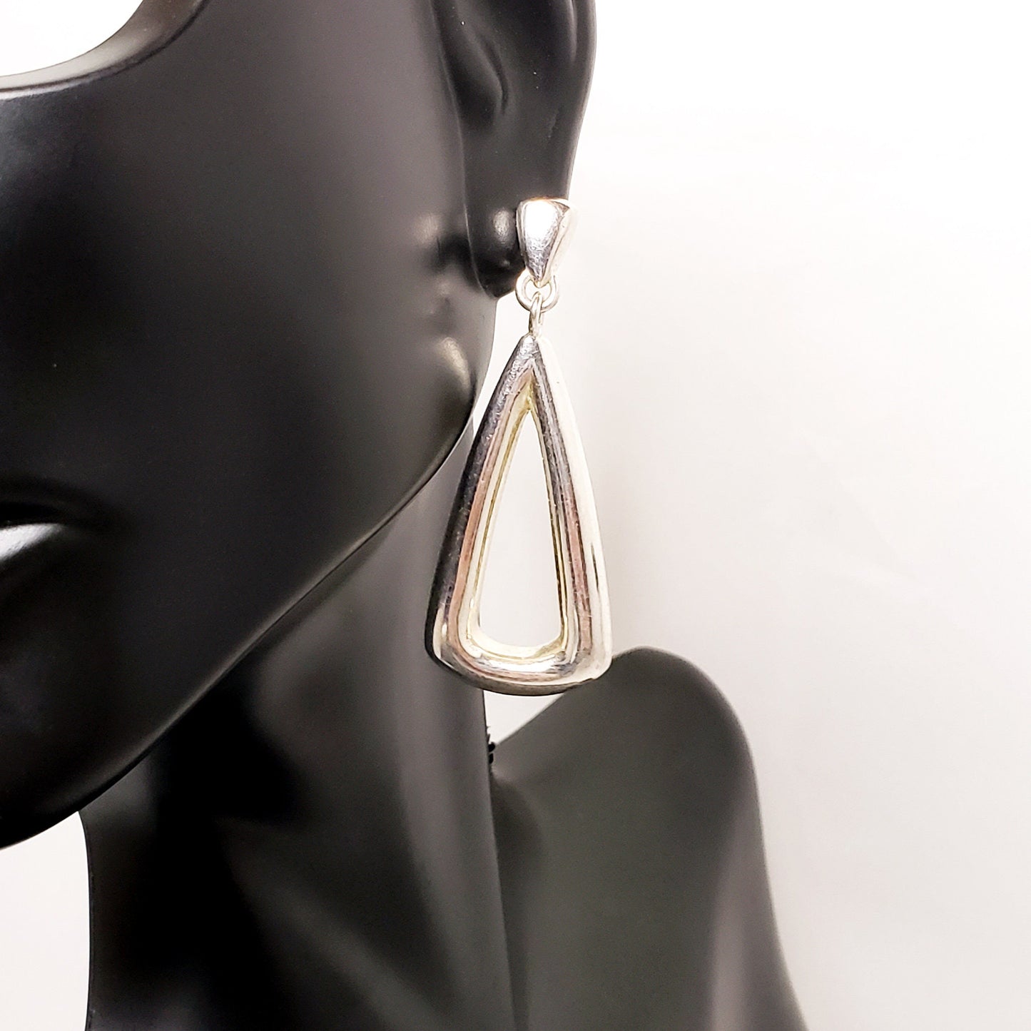 Vintage 1980s Silver Plate Drop Hoop Pierced Earrings - Vintage Silver Costume Earrings - 80s Silver Earrings