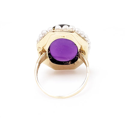 Vintage 1930s Victorian Revival Amethyst Cabochon, Imitation Pearl and 10K Gold Cocktail Ring Size 5.5