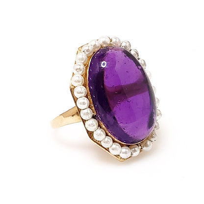 Vintage 1930s Victorian Revival Amethyst Cabochon, Imitation Pearl and 10K Gold Cocktail Ring Size 5.5