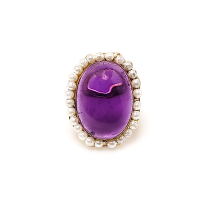 Vintage 1930s Victorian Revival Amethyst Cabochon, Imitation Pearl and 10K Gold Cocktail Ring Size 5.5