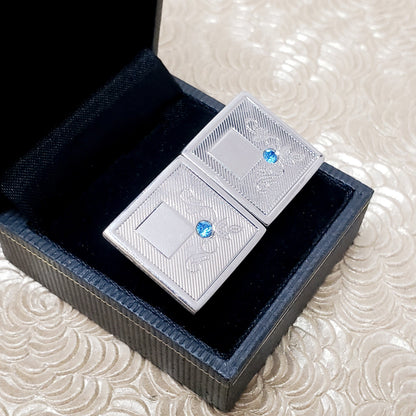 Vintage 1960s Blue Rhinestone and Silver Tone Flower Square Cufflinks