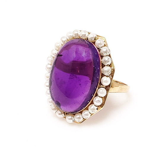 Vintage 1930s Victorian Revival Amethyst Cabochon, Imitation Pearl and 10K Gold Cocktail Ring Size 5.5 - Large Amethyst, Pearl Halo Ring