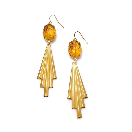 Vintage 1980s Orange Glass Scarab and Gold Plate Egyptian Revival Costume Statement Pierced Earrings