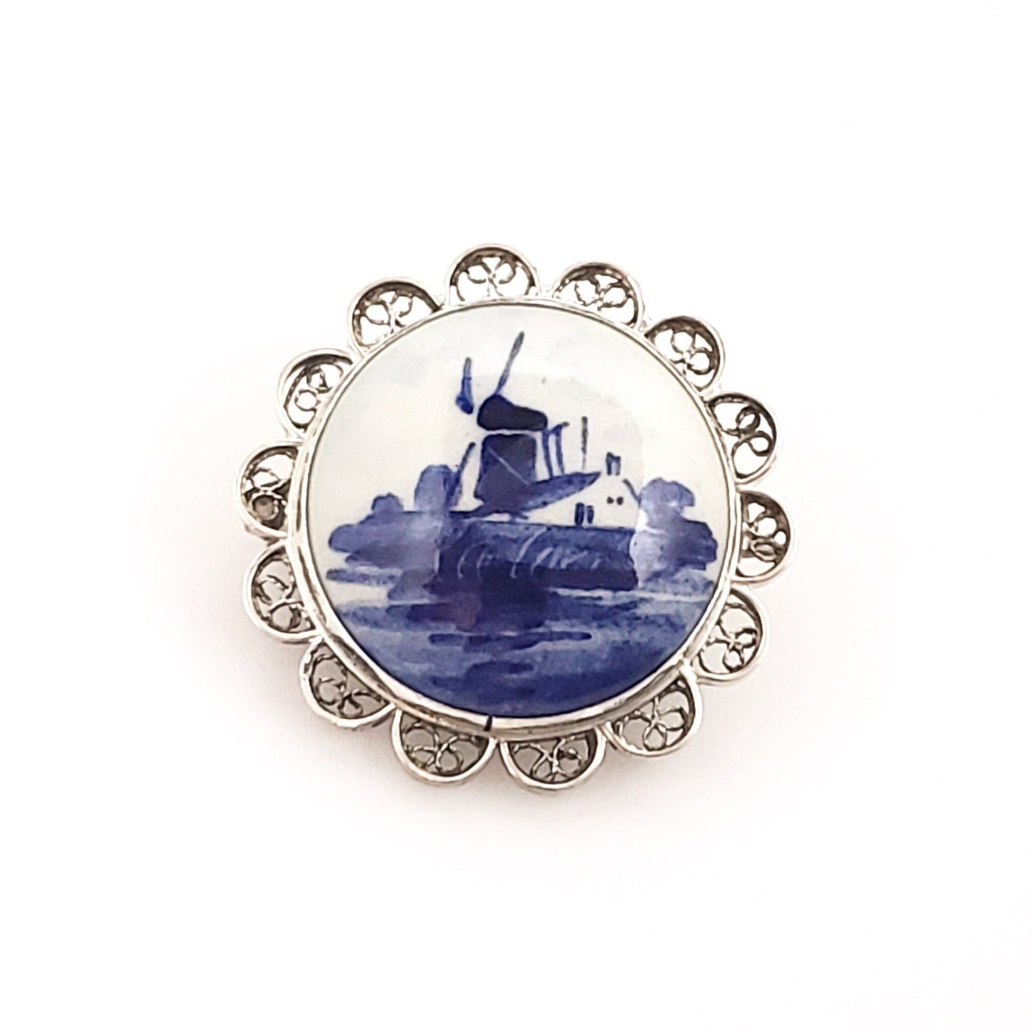 Antique 1900s Delft Blue Brooch - Edwardian Delft Blue Pottery and Silver Windmill Brooch - Dutch Windmill Brooch