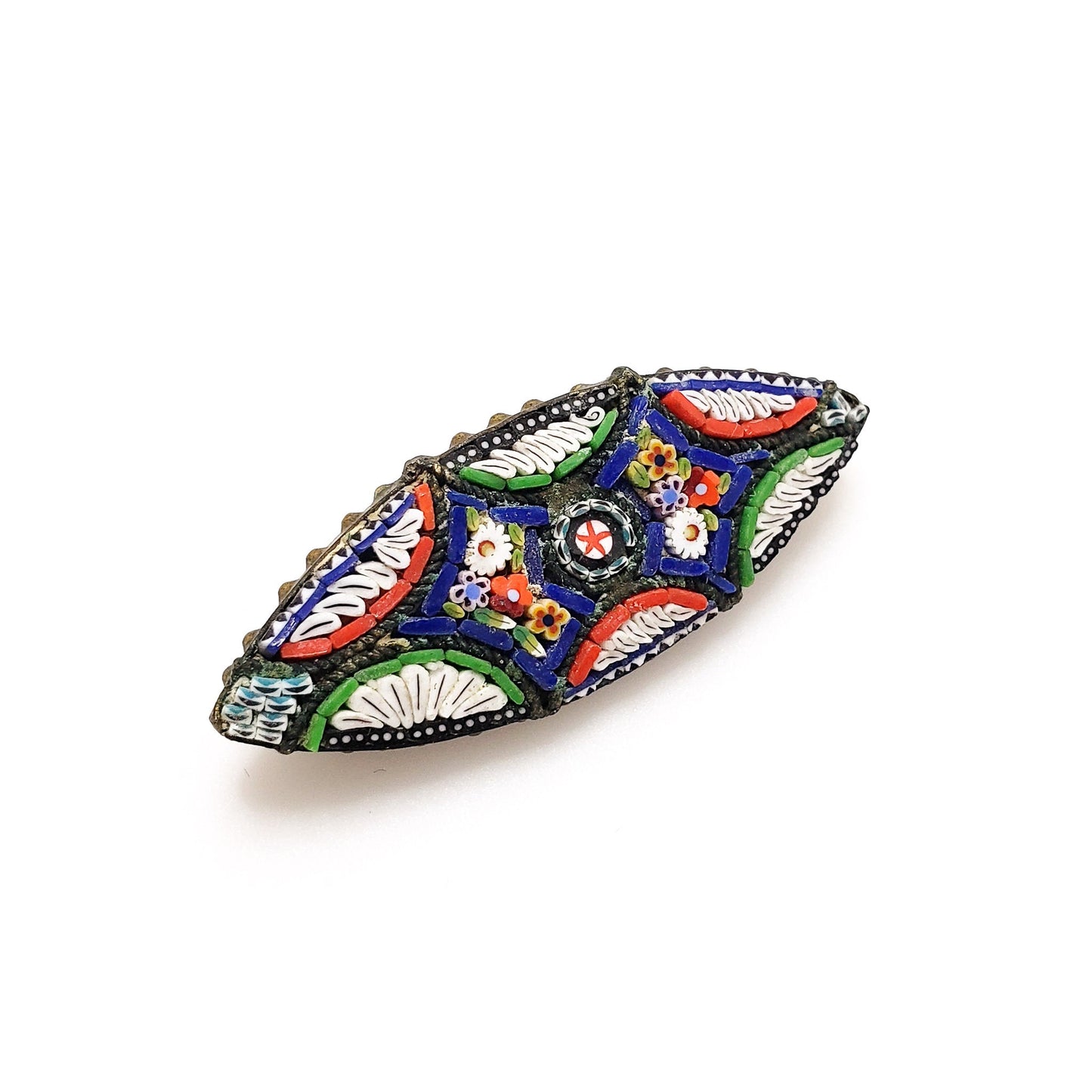 Antique 1910s Italian Mosaic Brass and Glass Small Brooch - Antique Marquise Mosaic Colorful Small Brooch