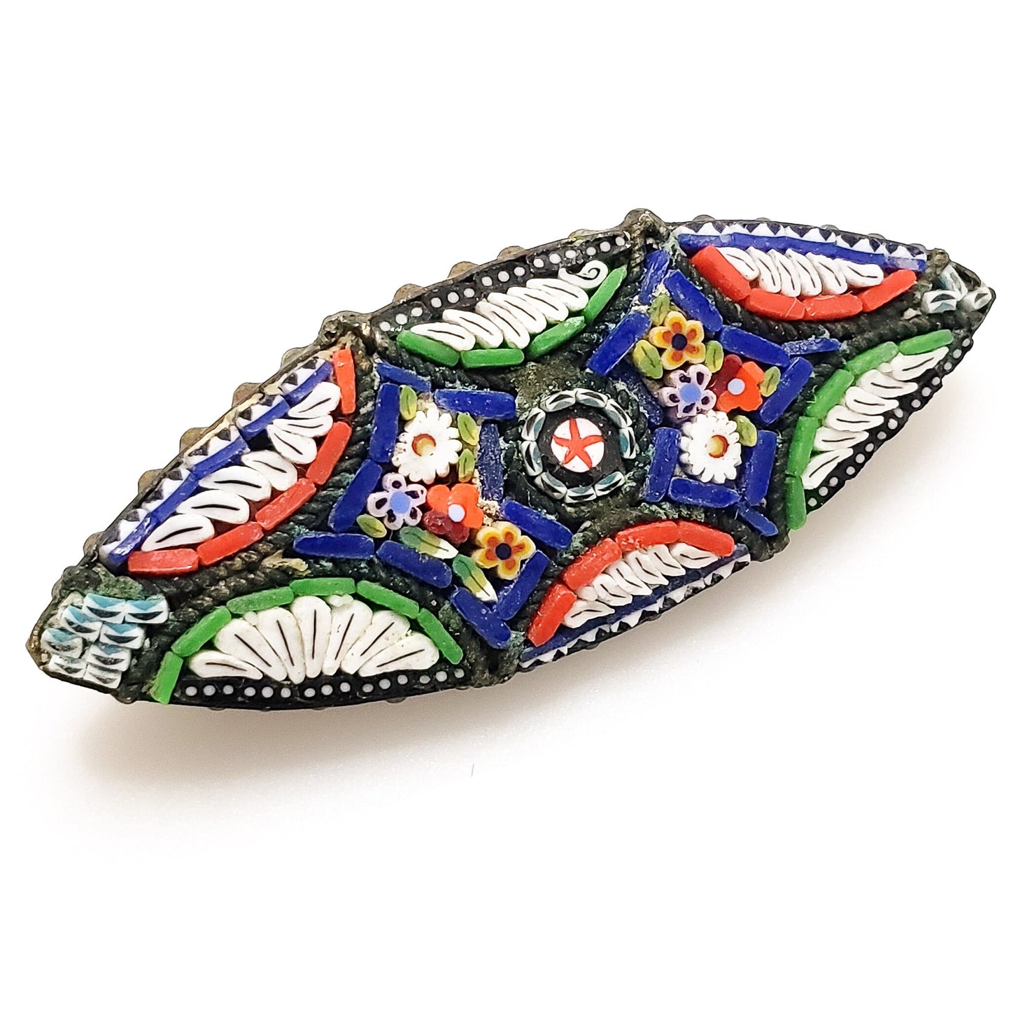 Antique 1910s Italian Mosaic Brass and Glass Small Brooch - Antique Marquise Mosaic Colorful Small Brooch