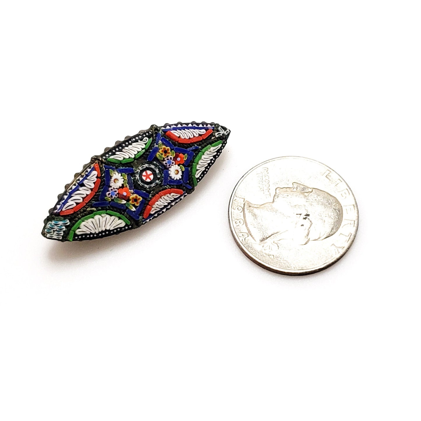 Antique 1910s Italian Mosaic Brass and Glass Small Brooch - Antique Marquise Mosaic Colorful Small Brooch