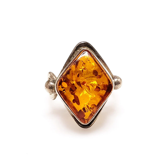 Vintage Amber Silver Ring - 1990s VALERIO Sun Spangled Amber Sterling Silver Ring Size 8.25 - Orange Amber Boho Silver Diamond Ring