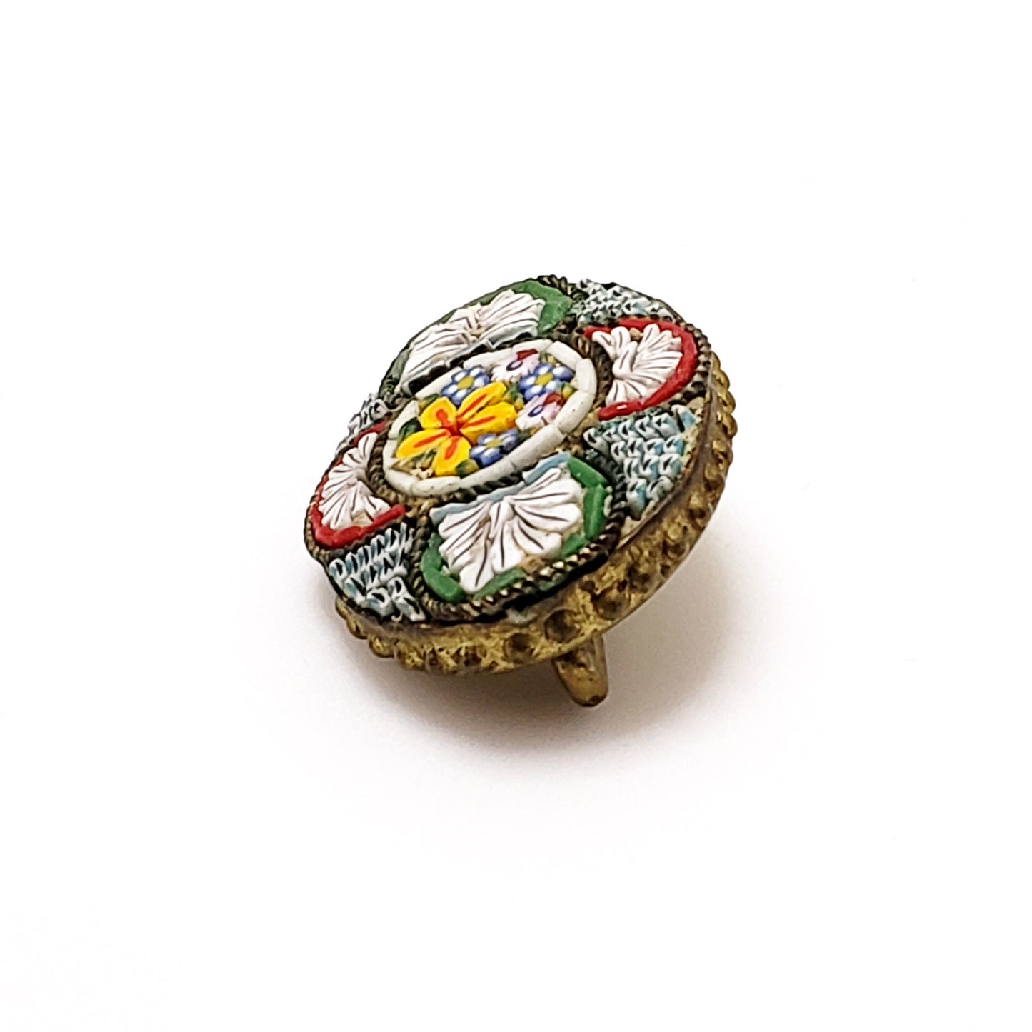 Antique 1910s Italian Micro Mosaic Gold Washed Brass and Glass Flower Brooch - Antique Colorful Mosaic Floral Brooch