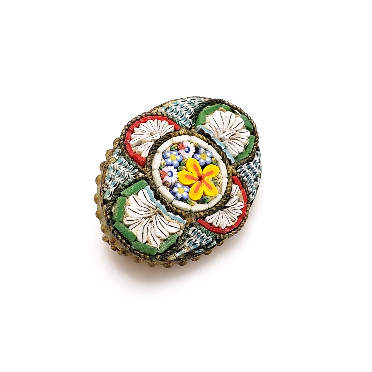 Antique 1910s Italian Micro Mosaic Gold Washed Brass and Glass Flower Brooch - Antique Colorful Mosaic Floral Brooch