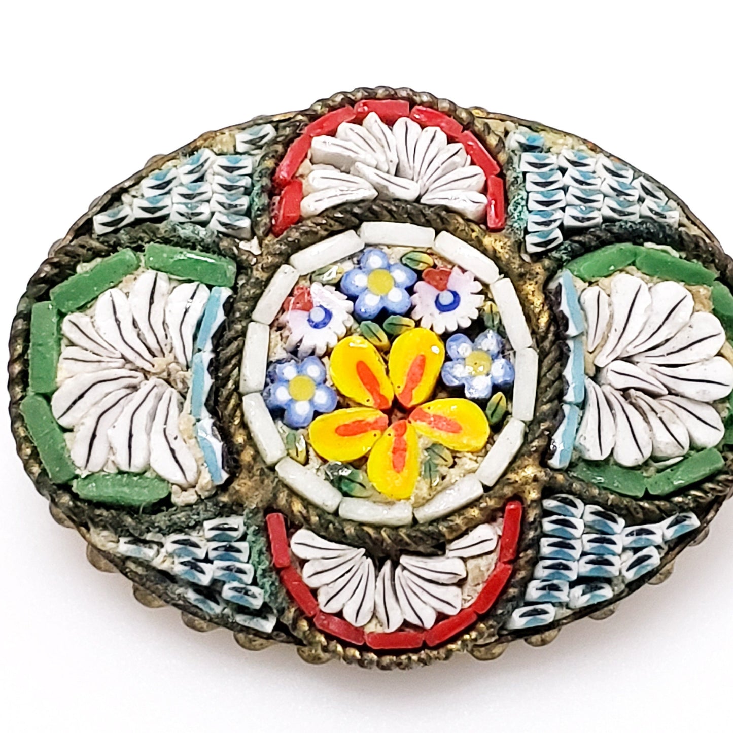 Antique 1910s Italian Micro Mosaic Gold Washed Brass and Glass Flower Brooch - Antique Colorful Mosaic Floral Brooch