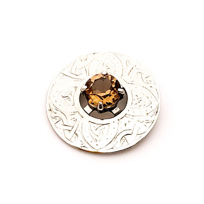 Vintage 1970s Large Scottish Orange Glass and Silver Plate Chunky Statement Celtic Brooch