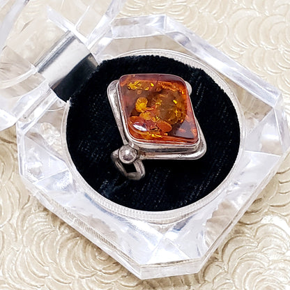 Vintage 1990s VALERIO Sun Spangled Amber Sterling Silver Boho Silver Diamond Ring Size 8.25
