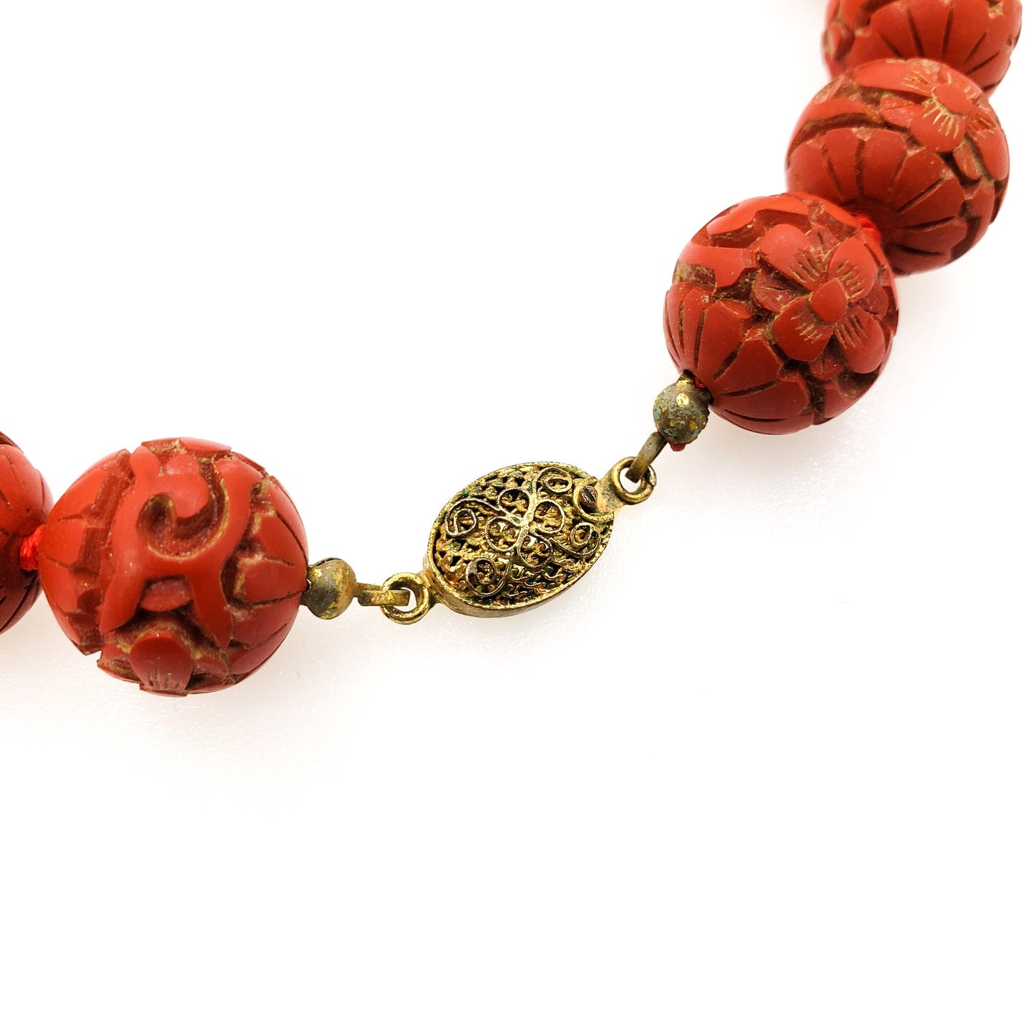 Vintage 1960s Lacquered Chinese Cinnabar Carved Flower Bead 24" Necklace - Vintage Chunky Red Bead Necklace