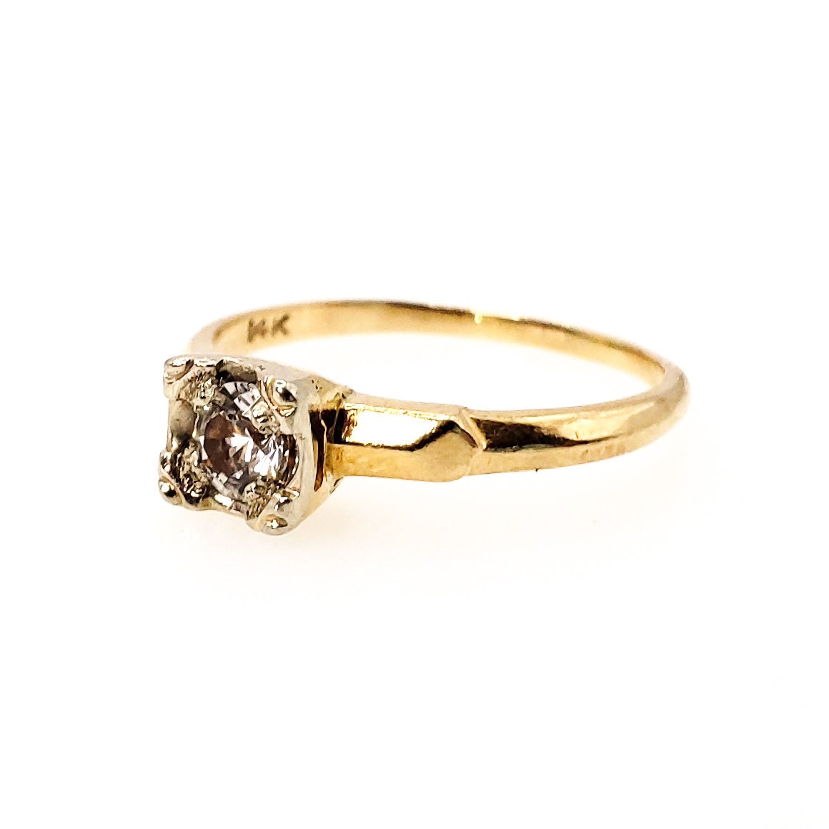 Vintage 1930s Art Deco Zircon, Yellow Gold Ring - 30s Clear Zircon and 14K Illusion Ring Size 6.75 - Deco Solitaire Gold Ring