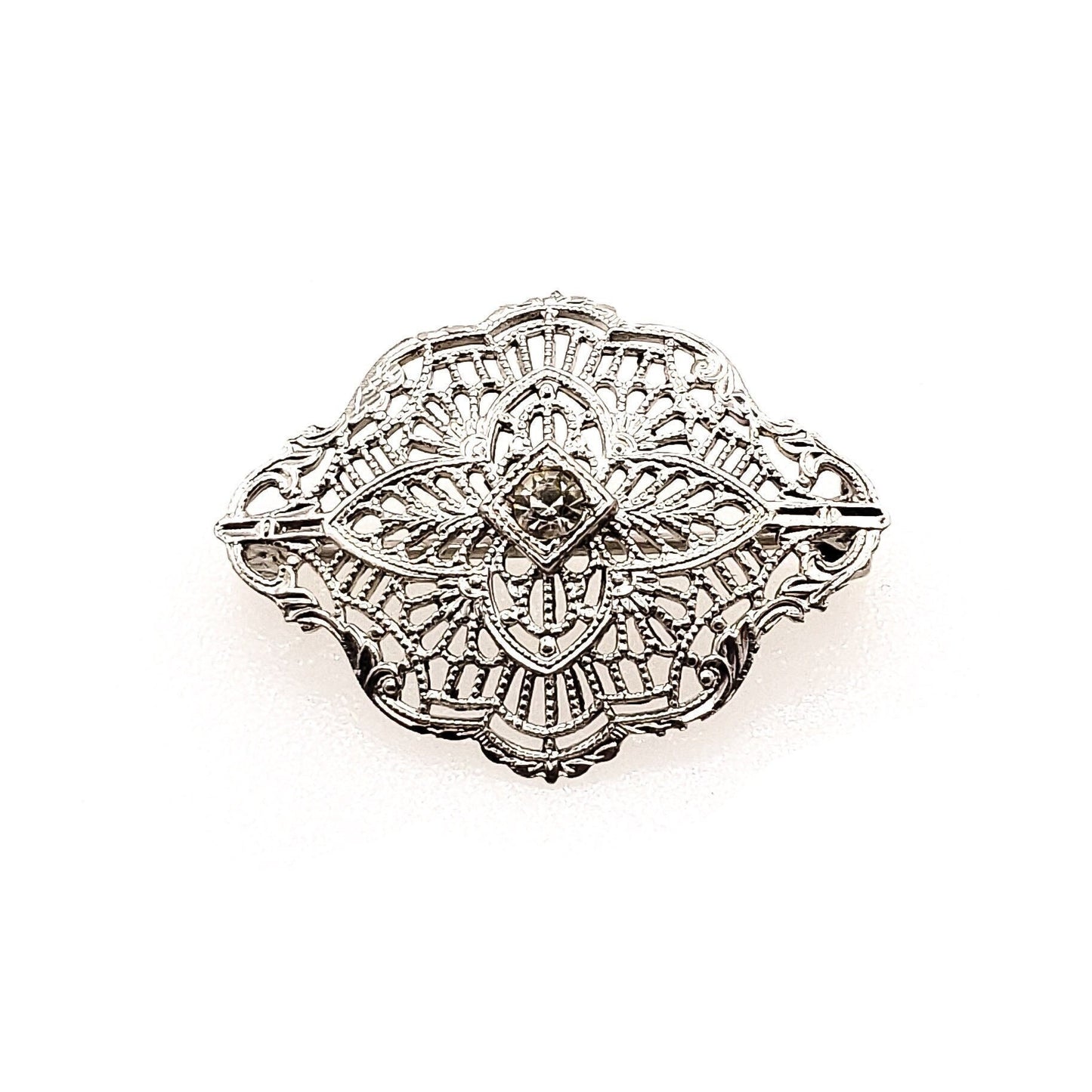 Antique 1920s Sterling Silver and Glass Paste Thick Filigree Brooch - Vintage Deco Silver Pin Brooch