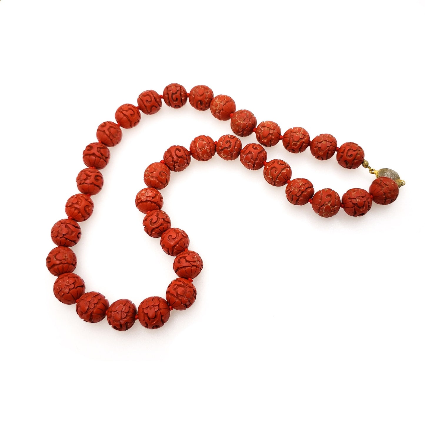 Vintage 1960s Lacquered Chinese Cinnabar Carved Flower Bead 24" Necklace - Vintage Chunky Red Bead Necklace