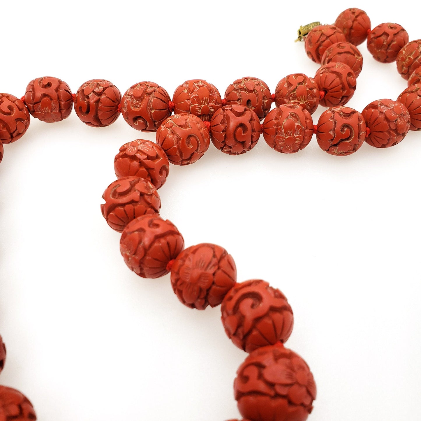 Vintage 1960s Lacquered Chinese Cinnabar Carved Flower Bead 24" Necklace - Vintage Chunky Red Bead Necklace