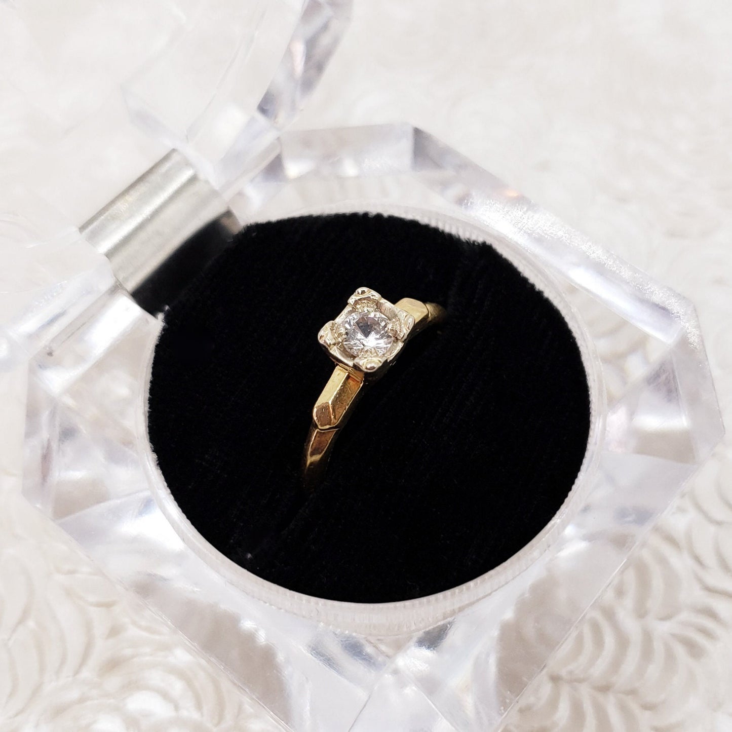 Vintage 1930s Art Deco Zircon, Yellow Gold Ring - 30s Clear Zircon and 14K Illusion Ring Size 6.75 - Deco Solitaire Gold Ring