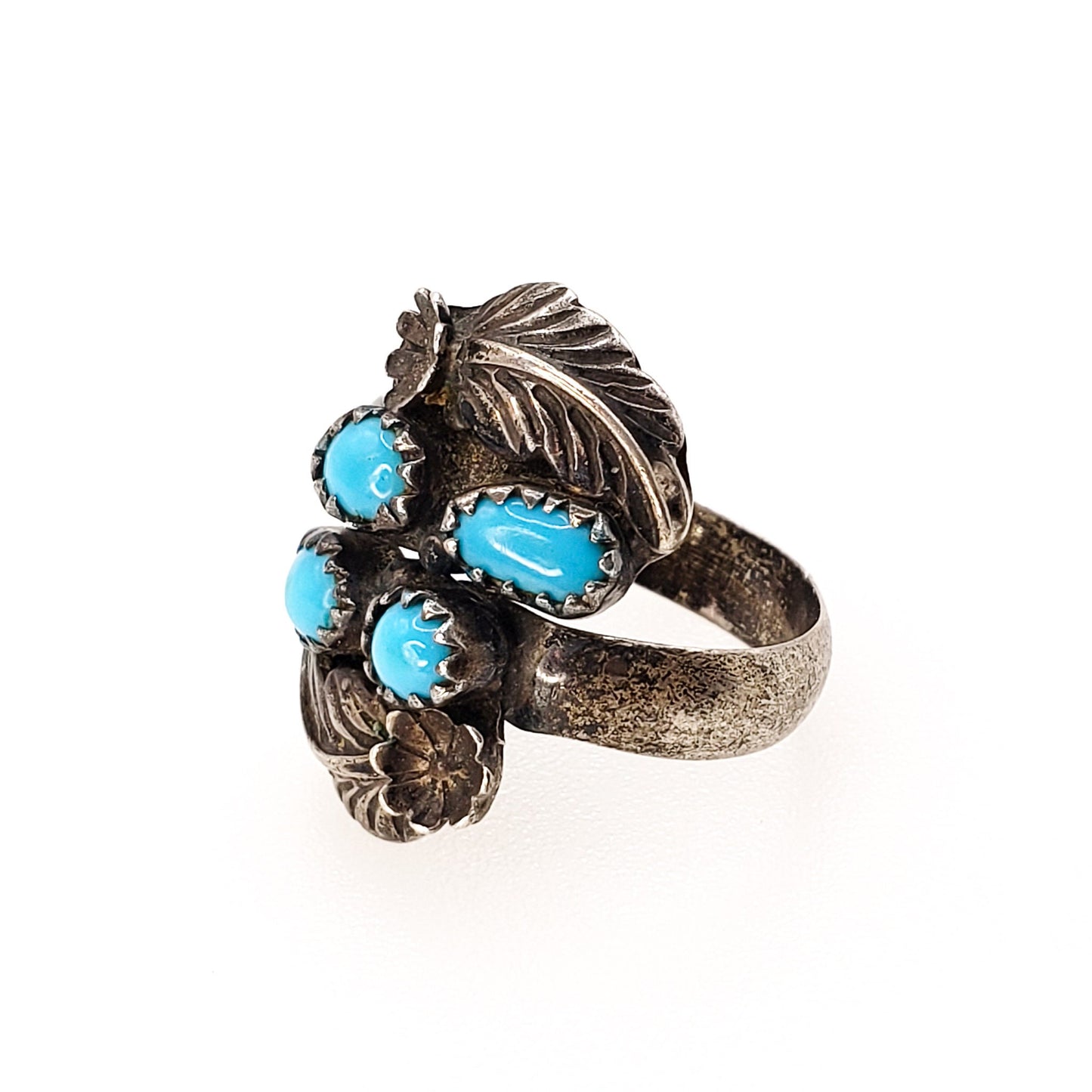 Vintage Turquoise Ring -  1960s Blue Turquoise and Sterling Silver Adjustable Ring - Multi Gem Unisex Southwestern Ring Size 8