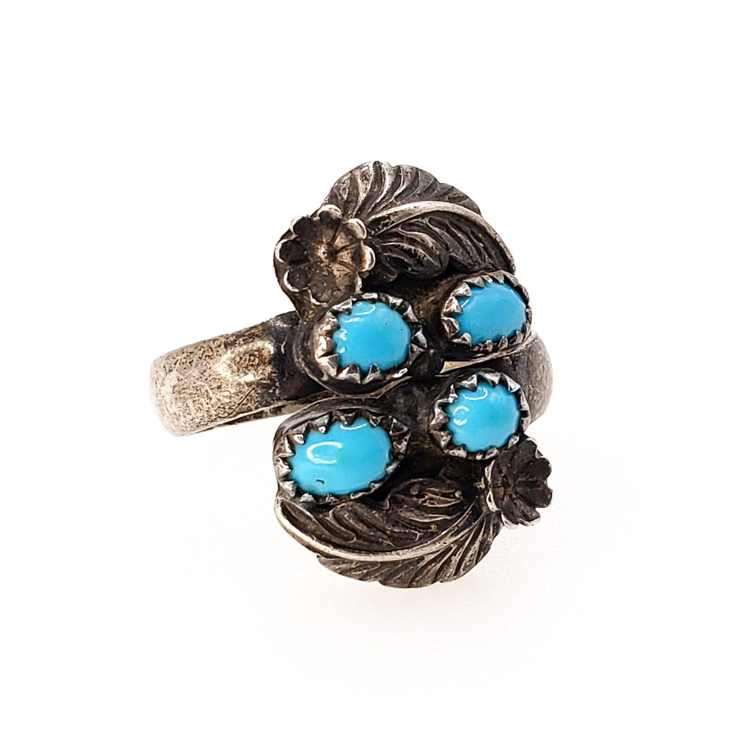 Vintage Turquoise Ring -  1960s Blue Turquoise and Sterling Silver Adjustable Ring - Multi Gem Unisex Southwestern Ring Size 8